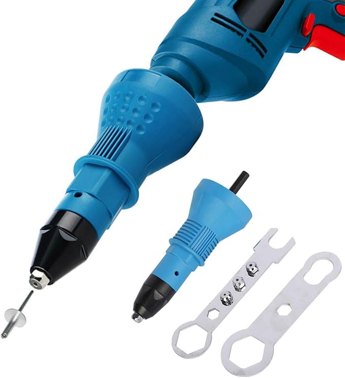 Cordless Electric Rivet Gun Adapter Kit, 1/4 Inch Hex Shank Blind Rivet Nut Drill Adapter Converter Convert Drill to RivetInsert Nut Tool Kit（Blue）
