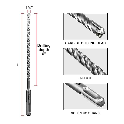 SALI 10PCS 1/4"*8" SDS Plus Rotary Hammer Drill Bit Concrete Drill Bit Kit Cross-Type Double Thread Carbide Material Suitable for Brick, Cement Walls, Stone, Hammer Drill Bits