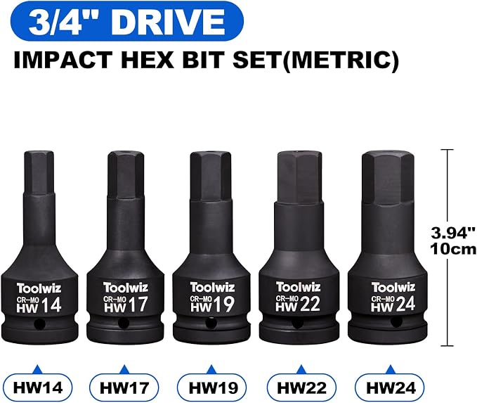 Toolwiz 3/4 Inch Drive Impact Hex Bit Set, 5-Piece Metric 14mm-24mm, Cr-Mo | One-Piece Construction, Impact Grade, Professional Automotive Impact Bit Socket Set, Heavy Duty PVC Storage Case