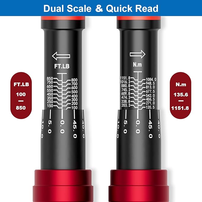 SUERCUP 3/4-inch Drive Click Torque Wrench, 100-850ft.lb/135.5-1151.8Nm Adjustable 48 Tooth Drive Click Torque Wrench with Buckle for Car, Truck Maintenance and Product Assembly