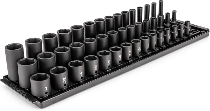 TEKTON 3/8 Inch Drive Impact Socket Set, 45-Piece | SID91122 | (1/4 - 1 in.), Shallow, Semi-Deep, and Deep, 6-Point, Socket Rail