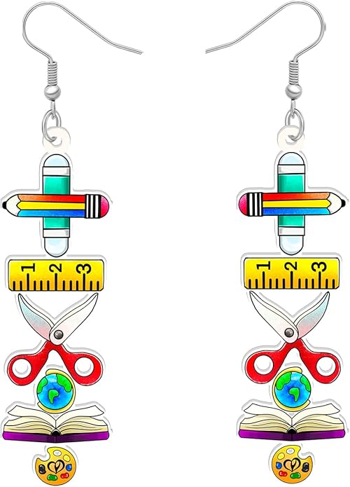 Teacher's Day Acrylic Pencil Ruler Protractor Earrings Double Sided Printing Crayon Scissors Dangle Fashion Jewelry For Women Teachers Charms Gifts
