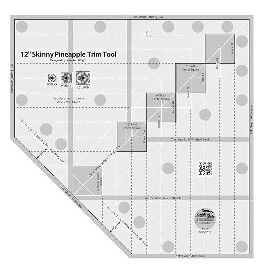 Creative Grids 12in Skinny Pineapple Trim Tool Quilt Ruler – CGRJAW12 – Made in USA, 12-1/2in x 12-1/2in, Non-Slip Grip Acrylic Quilting, Sewing, Crafting, Patchwork Ruler & Template