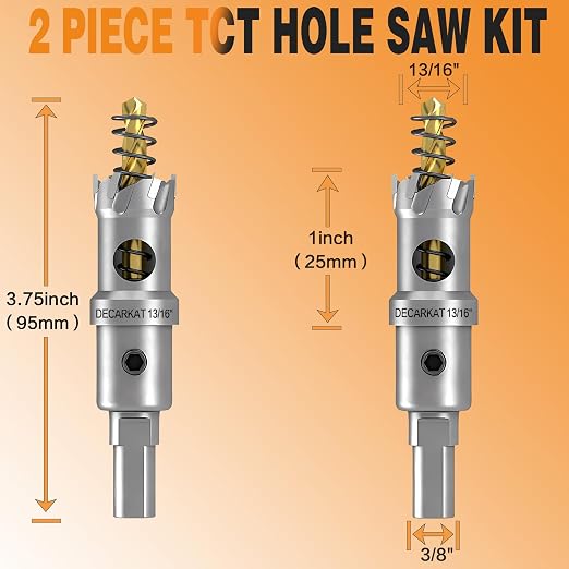 2-Pack 13/16" TCT Hole Saws for Hard Metal, Heavy Duty 21mm Tungsten Carbide Tipped Hole Cutters Set with Spring-Loaded Pilot Drill Bits for Stainless Steel, Metal, Iron, and Plastic.