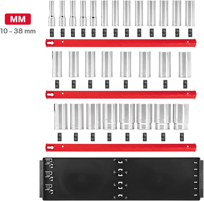 TEKTON 1/2 Inch Drive 6-Point Socket Set, 29-Piece | SHD92125 | (10 - 38 mm), Deep, Socket Rail