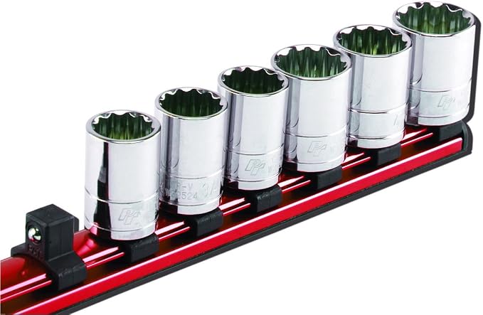 Performance Tool W38003 3/8 in. Drive Magnetic Socket Rail Organizer | Holds up to 17 sockets. Rare earth magnets hold to ferrous surfaces. Spring-loaded clips. EVA foam backing