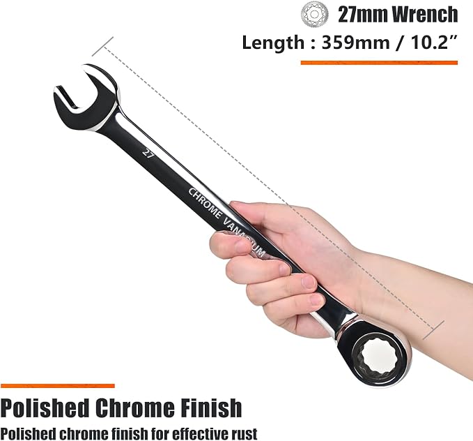 Egofine 27mm Ratcheting Combination Wrench Metric, Industrial Grade Gear Spanner with 12-Point Design, 72-Tooth Ratchet, Chrome Vanadium Steel