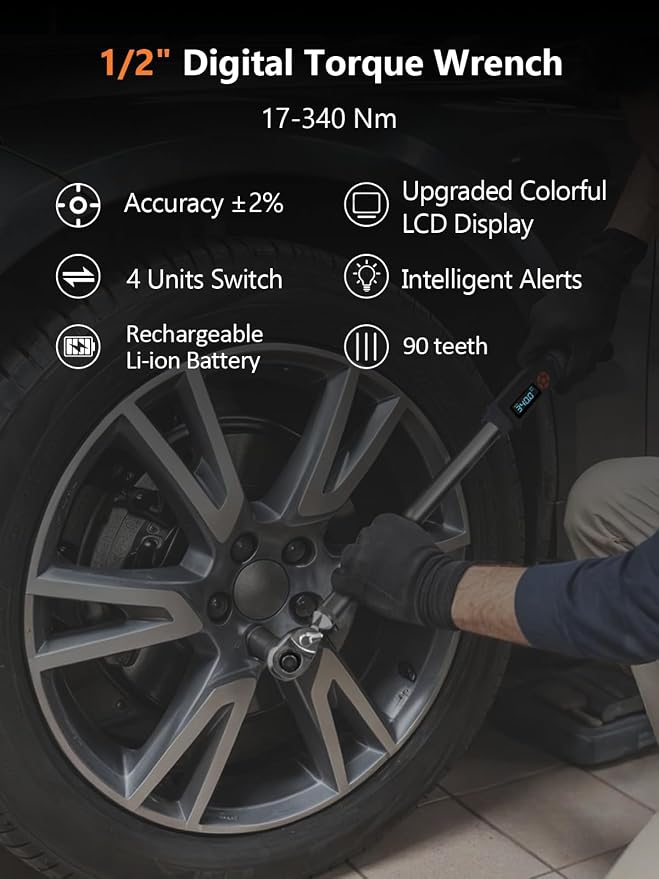 Goseek Upgraded Rechargeable Digital Torque Wrench, 12.5-250.7Ft-lbs/17-340Nm, 1/2'' Drive Electric Torque Wrench Set with Buzzer & LED & Vibration for Car Motor Tires Auto Repair
