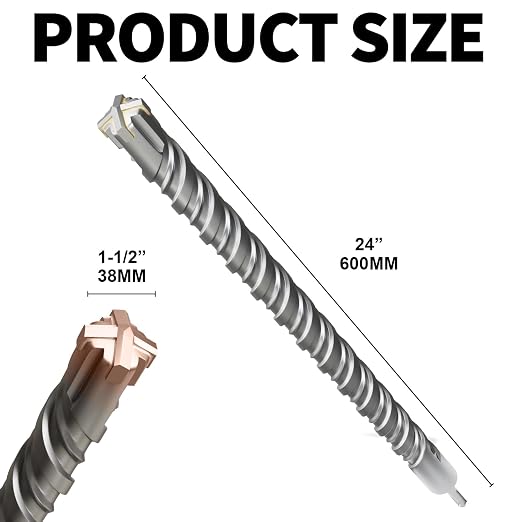 SDS Plus Rotary Hammer Drill Bit, 1-1/2"×24"（38mm×600mm） - 4 Carbide Cutting Edges & Coated Head | Heavy-Duty for Masonry, Concrete, Natural Stone, Brick Walls