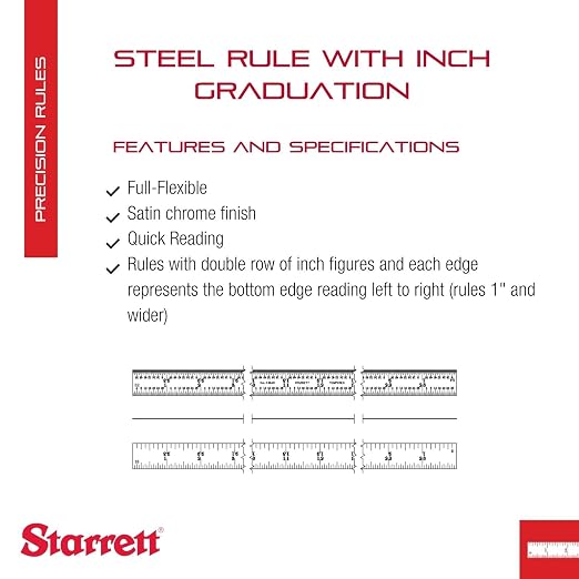 Starrett Full Flexible Steel Rule with Satin Chrome Finish, Quick Reading, and Inch Graduation - 4R Graduation, 24" Length, 1/50" Thickness - C304R-24