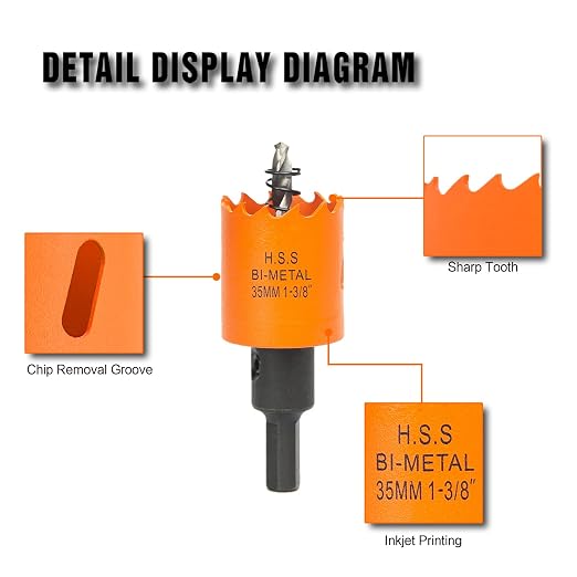 1-3/8 Inch Hole Saw with Arbor for Wood Metal Plastic, 1.375 in Bimetal Hole Cutter, Fast Chip Removal, Smooth Flat Drilling Edge