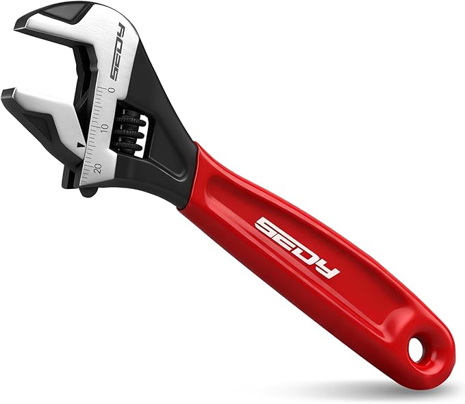 SEDY 6" Adjustable Wrench Pipe Spanner: Wide Jaw Black Oxide Wrench With Cushion Grip, Laser Marked Metric & SAE Scales, CR-V Steel, for Professionals