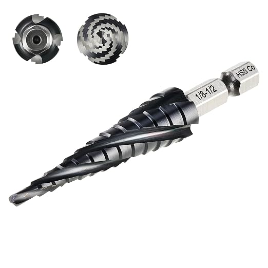 13 Sizes M35 Cobalt Step Drill Bit, 1/8" to 1/2" Four Spiral Flute Step Drill Bit for Metal, Titanium-Coated HSS Step Bit with 1/4" Hex Shank for Stainless Steel Aluminum Copper Wood Plastic