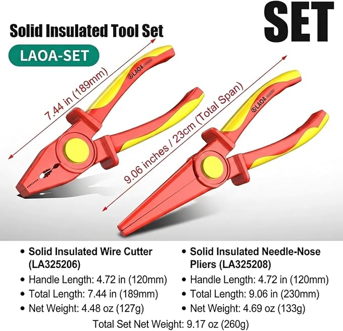 LAOA 2 Pcs Insulated Pliers Set, 1000V, Combination Linesman Pliers + Long Nose Pliers, Ergonomic Non-Slip Grip for Electrician Live Wire Work