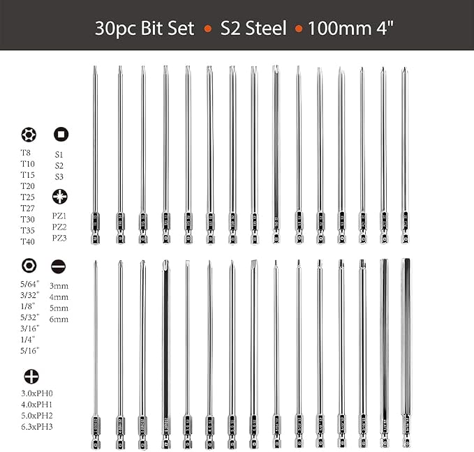 Dandeeler 30 Piece 4 Long Security Bit Set Torx Hex Slotted Phillips Square Pozidriv, with Tool Bag 30pc Long 4inch