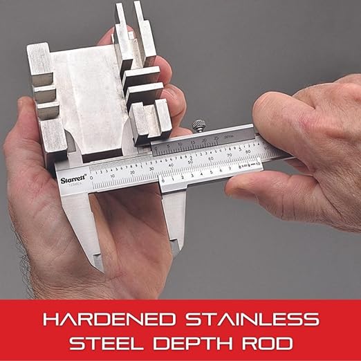 Starrett Vernier Caliper with Hardened Stainless Steel Depth Rod, Lock Screw and Sharp, Black Graduation - Metric, English, 0-6" Range, .001" Graduation - 125MEA-6/150