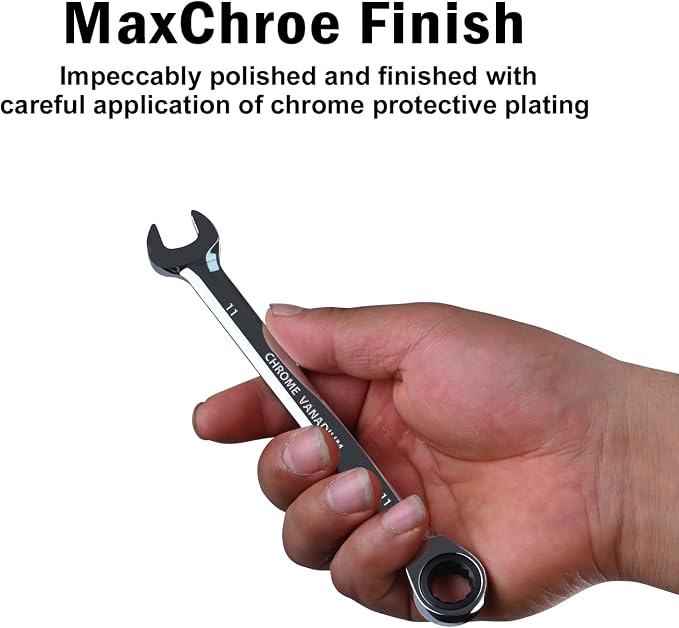 Egofine 11mm Ratcheting Combination Wrench Metric, Industrial Grade Gear Spanner with 12-Point Design, 72-Tooth Ratchet, Chrome Vanadium Steel