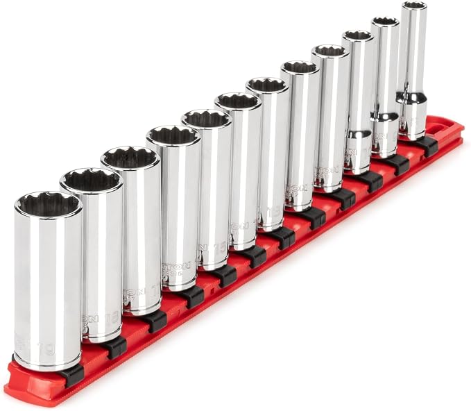 TEKTON 3/8 Inch Drive 12-Point Socket Set, 12-Piece | SHD91108 | (8 - 19 mm), Deep, Socket Rail