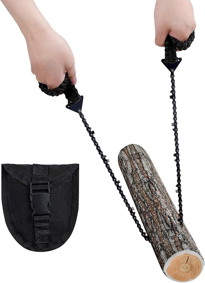 Sucrain Pocket Chainsaw with Paracord Handle, Folding Chain Hand Saw, Emergency Outdoor Survival Gear for Camping, Hunting, Hiking, Cutting Wood & Tree (Black paracord, 11 Teech, 24''Long)