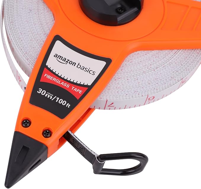 Amazon Basics Open Reel Fiberglass Measuring Tape, Versatile, Reliable, Shock-Absorbing Handle, Inch/Metric Scale, Impact Resistant Shell, 100-feet (30-Meters) by 1/2-Inch, Orange