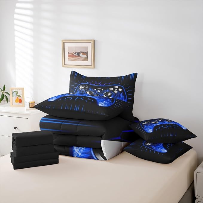 Erosebridal Boys Gamer 7 Piece Comforter Set Full Bed in a Bag Ombre Art Honeycomb Sheet Set Blue Neon Lights Bedding Set Game Consoles Bed Set Geometry Hexagon Beehive Gaming Room Decor