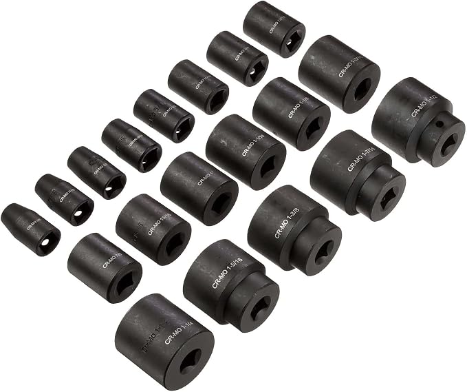 Amazon Basics 1/2“ Impact Socket Set, 6 Point Shallow, SAE Size, CR-MO Steel, 10.2" x 8.5" x 2.4", 19-Piece, Previously Denali Brand
