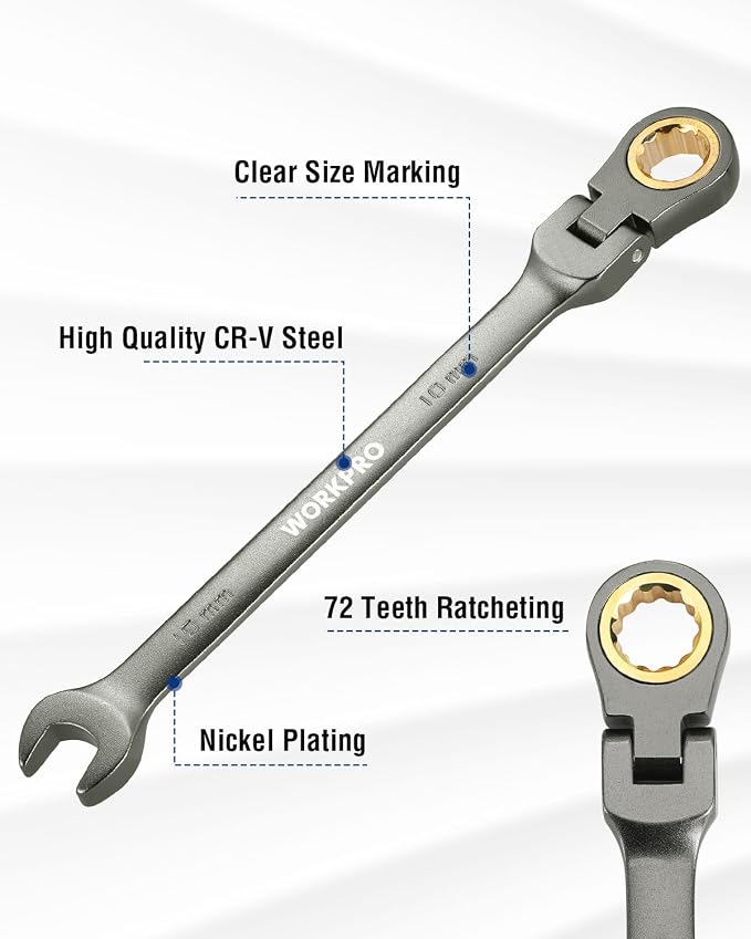 WORKPRO 10 mm Flex-Head Ratcheting Combination Wrench, Nickel Plating | Cr-V Constructed, 72-Teeth, 12 Point Design, Metric, For Home Improvement, Auto Repairs, Plumbing, Constructions, Machinery