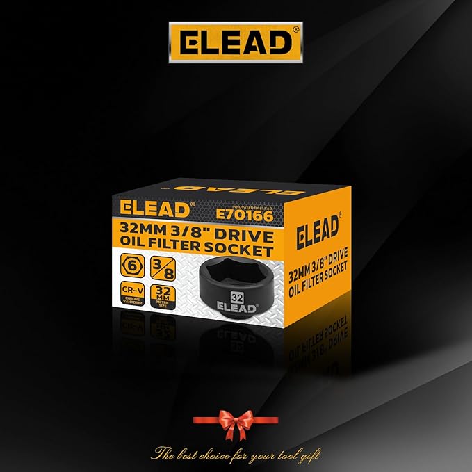 ELEAD 32 mm Oil Filter Socket Wrench, 3/8'' Drive 6-Point Oil-Filter Removal Tool, Metric Oil Filter Wrenches, Low Profile Design for Easy Removal, Chrome Vanadium Steel Oil-Change Tool
