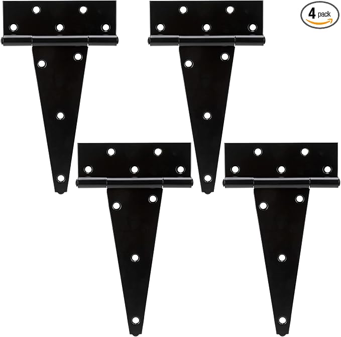 HILLMASTER 10 Inch T-Strap Heavy Duty Shed Door Hinges Gate Strap Hinges Black Tee Hinge Wrought Hardware for Wooden Fences,Yard,Barn Door,Rustproof (4 Pack)