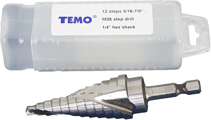 TEMO M35 Cobalt Spiral Flute Step Drill Unibit, 12 Size 3/16 Inch to 7/8 Inch, 1/4 Inch Hex Shank