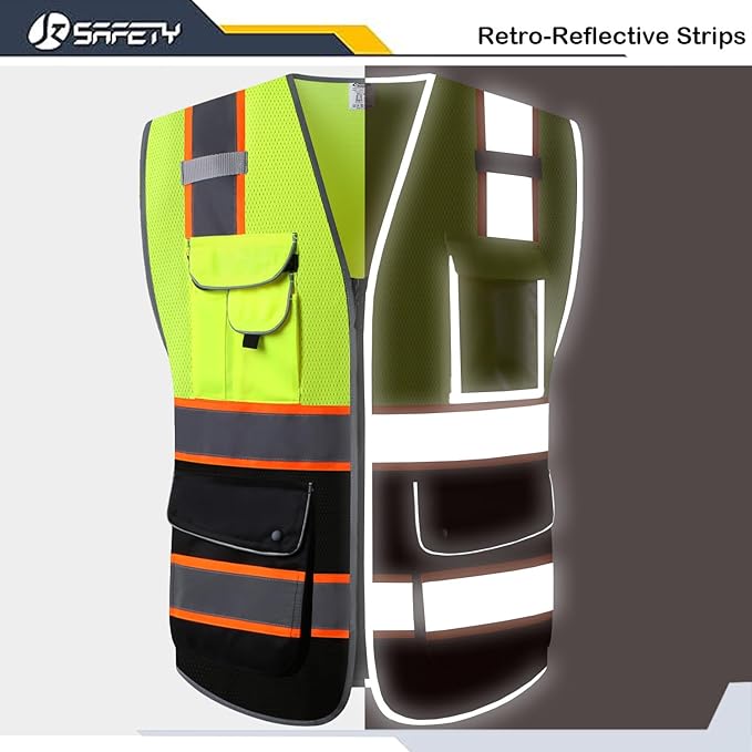 JKSafety 9 Pockets High Visibility Dual Color Zipper Front MESH Lite Safety Vest | Orange Color Triming Reflective Strip | ANSI/ISEA Standards (100-Yellow-Black, XXL)