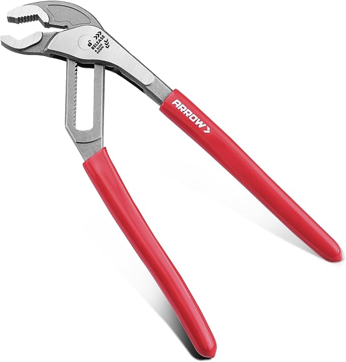 ARROW 12-Inch Water Pump Pliers, Quick Adjust Groove Joint Pliers with 18 Positions, V-Jaw Tongue and Groove Plier with Dipped handle, Heat-Treated CR-V Steel for Plumbing, Auto & Home Repair