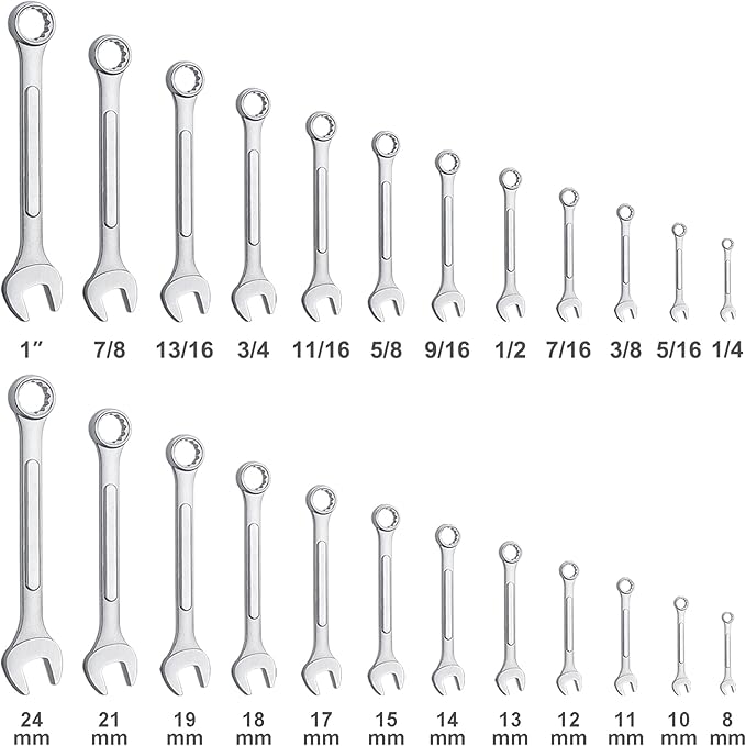 24-Piece All-Purpose Master Combination Wrench Set with Roll-up Pouch | SAE 1/4” to 1”, Metric 8mm to 24mm | Perfect for General Household, Garage, Auto Repairs, Car, Truck, Boat, and Travel Emergency