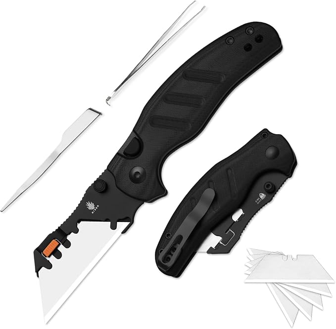 Kizer C01C Uti 2 (Tool-Free Version) Utility Knife, Button Liner Lock Box Cutter Pocket Knife with 5PCS Razor Blades, Thumb Stud Folding Knives with Black G10 Handle for Men Women V3488.29JNA3