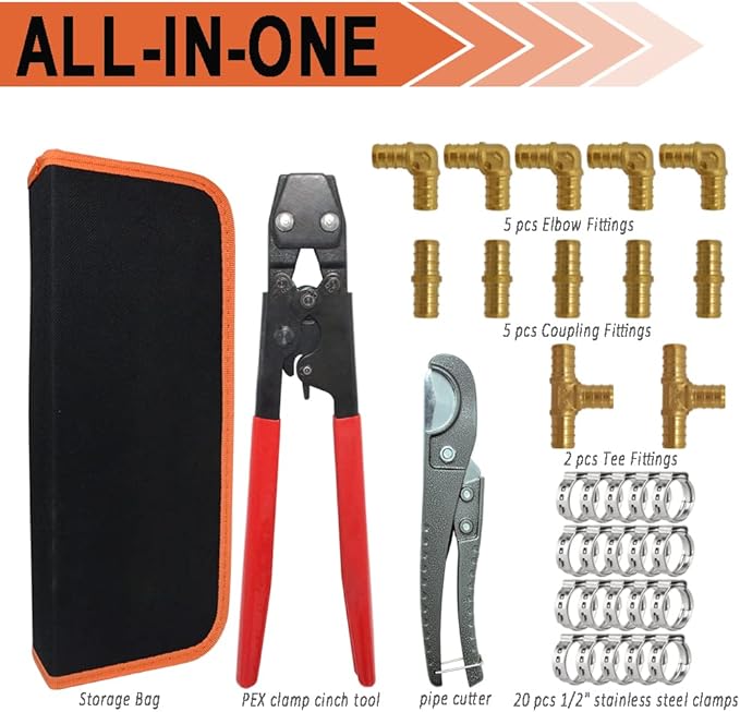 TT Flex Brass PEX Fittings All in One Kit with 12 Pcs 1/2" Tee Elbow Coupling Pipe Fittings，Pex Cinch Clamp Fastening Tool,Pipe Cutter and 20 Pcs 1/2" PEX Clamps