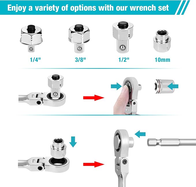 DURATECH 27PCS Extra Long Flex Head Ratcheting Wrench Set, 8-22mm | Double Box End Ratchet Wrench Set with E-type 8-22mm Replacement Heads, 10x19mm, 1/4", 3/8", 1/2" Socket Adapters