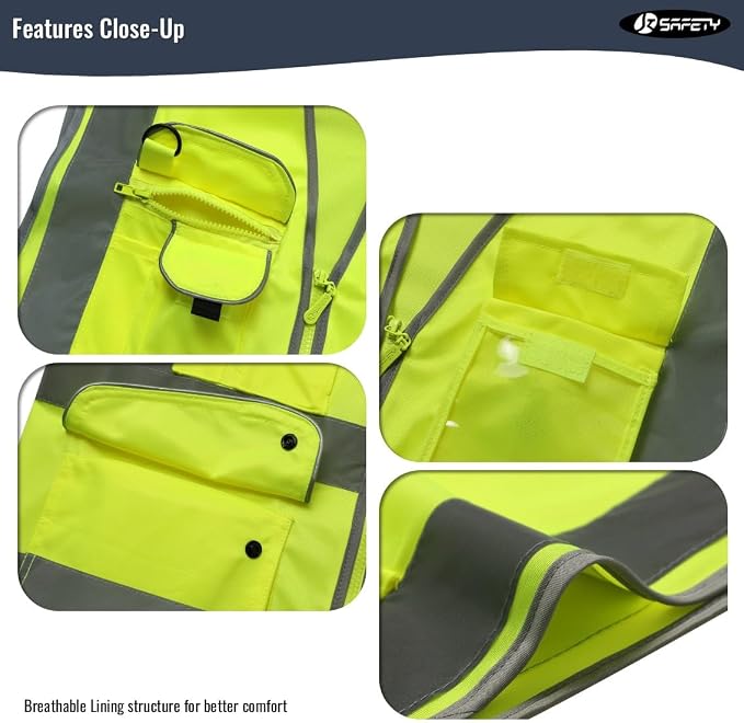 JKSafety 20 Pack 9 Pockets Class 2 High Visibility Zipper Front Safety Vest With Reflective Strips,Meets ANSI/ISEA Standard (X-Large, 156-Yellow)