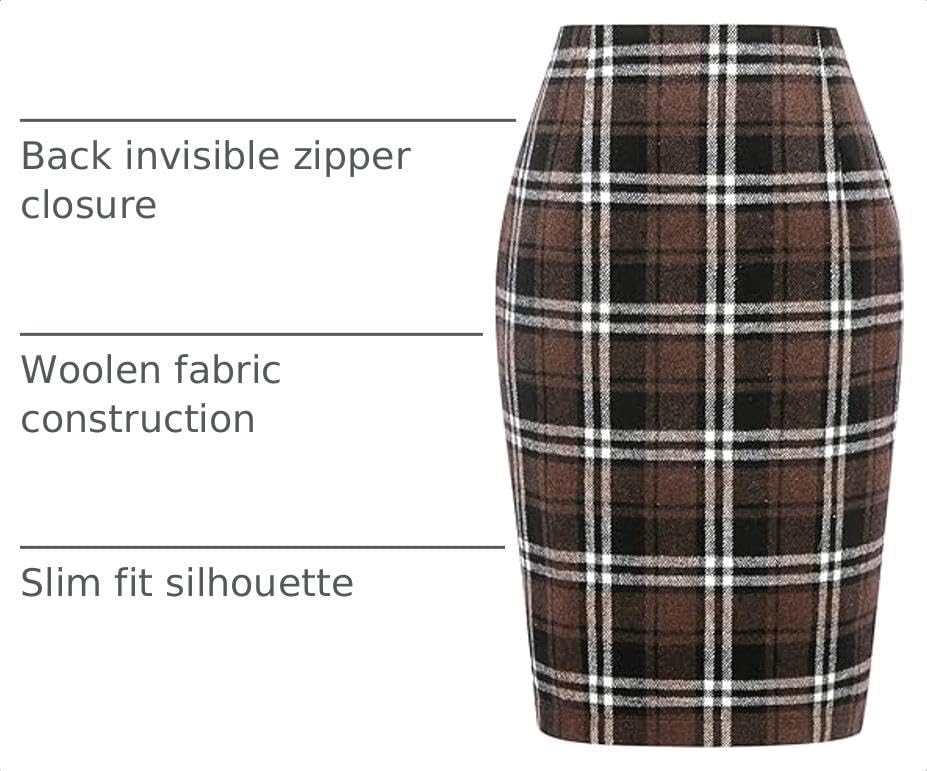 IDEALSANXUN Plaid Skirts for Women Fall Winter Knee Length Pencil Wool Skirt with Slit