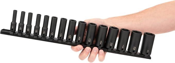 TEKTON 3/8 Inch Drive Impact Socket Set, 15-Piece | SID91105 | (1/4 - 1 in.), Deep, 6-Point, Socket Rail