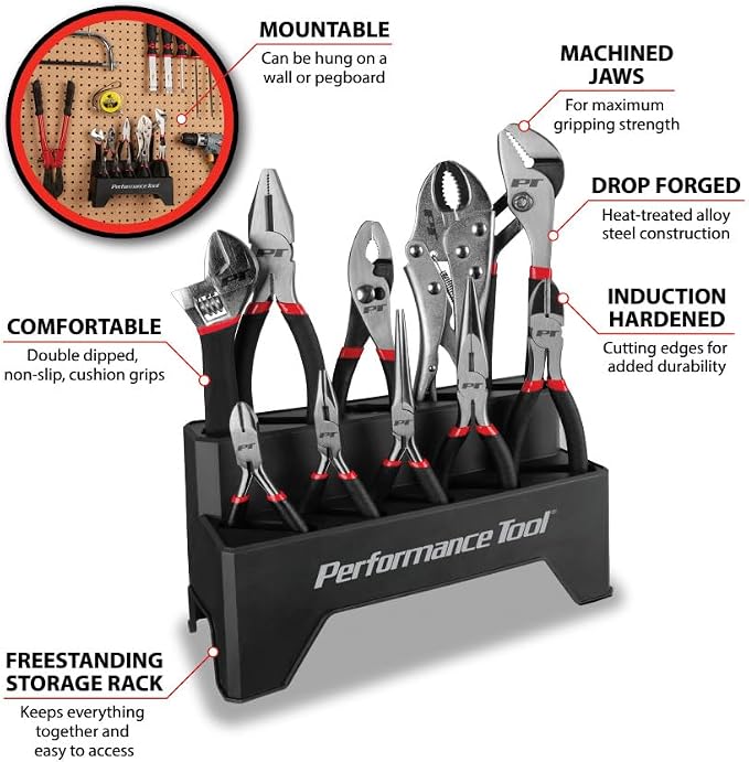 Performance Tool W1705 Pliers Set with Rack (10 Pieces) - Double Dipped Grip Handles, Heat-Treated Alloy Steel, Free Standing or Pegboard Hanging, Machined Jaws, Induction Hardened Cutting Edges