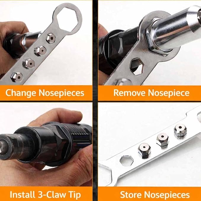 Professional Electric Rivet Nut Gun Drill Adapter Kit,Electric Cordless Rivet Gun Adapter with Removable Plastic Handle, 4 Rivet Heads,Alloy Steel Riveting Tool for Metal & Aluminum Work (1PC)