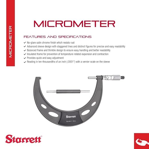 Starrett Outside Micrometer with Insulated Frame, Satin Chrome Finish and Advanced Sleeve Design - Quick and Easy Adjustment, 5-6" Range, .0001" Graduations - T444.1XRL-6
