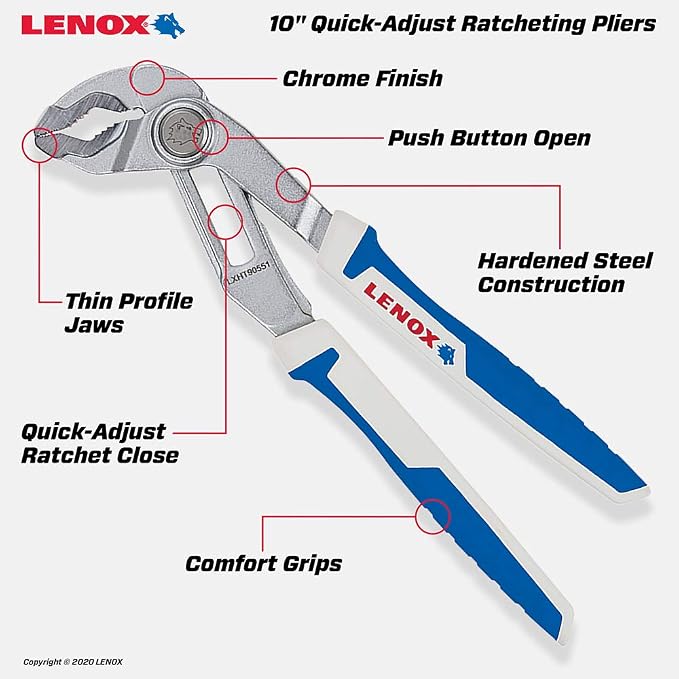 LENOX TOOLS LXHT90551 Quick-Adjust 10" V-Jaw Plier, Chrome