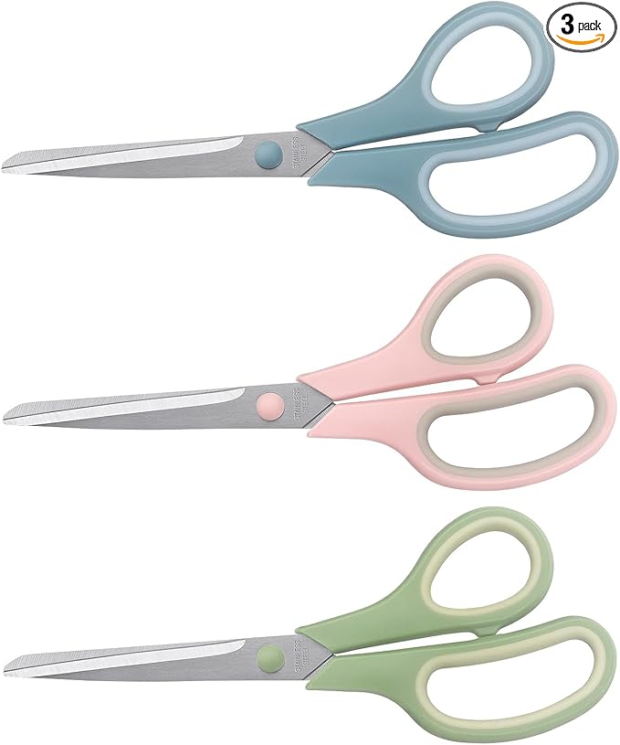 LONGKEY 8.5 Inch Scissors, All-Purpose, Soft Comfort-Grip, Ambidextrous, Pastel Green, Pink, Blue, 3 Count