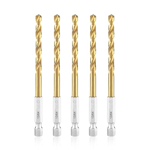 amoolo 13/64 Twist Drill Bit Set, 5Pcs Titanium HSS Hex Shank Impact Drill Bit Set for Metal, Steel, Wood, Plastic, Quick Change Design