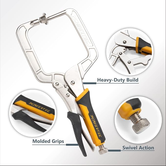 POWERTEC Pocket Hole Clamp, Quick Release 12” Right Angle Clamp for Pocket Hole Joinery, Vise Grip Clamps w/Ergonomic Grip & Swivel Pad, Clamps for Woodworking, DIY, Drawer Making - 2PCs (71744)