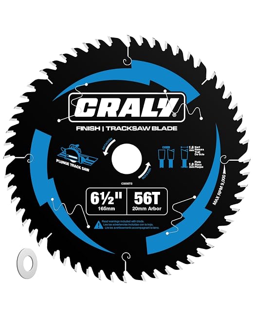 CRALY 6-1/2 Inch 56 Teeth Track Saw Blade, Ultra Finish Wood Cutting Plunge Circular Saw Blade, 5/8 Inch Arbor, Carbide Tipped, Thin Kerf, Black Ice™, for Plywood, MDF, OSB, Laminated(C0656TS)