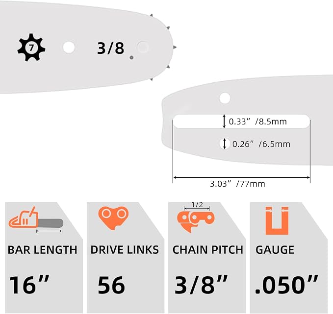 16 Inch Bar and Chain Combo .050" Gauge, 3/8" Pitch 56 Drive Links 16-Inch Replacement Chainsaw Bar and Chains Compatible with Craftsman, Echo, Poulan (3Chains+1Bar)