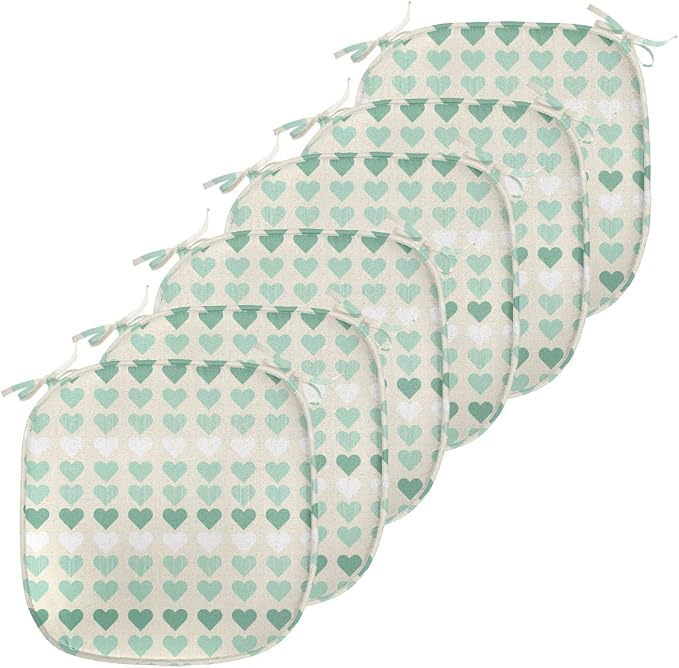 Lunarable Aquamarine Chair Seating Cushion Set of 6, Romantic Pattern with Heart Shapes in Rows, Anti-Slip Seat Padding for Kitchen & Patio, 16"x16", Champagne Laurel Green