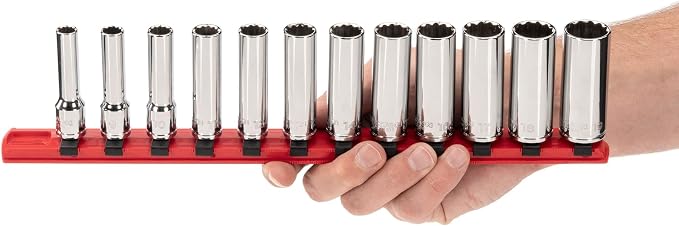 TEKTON 3/8 Inch Drive 12-Point Socket Set, 12-Piece | SHD91108 | (8 - 19 mm), Deep, Socket Rail